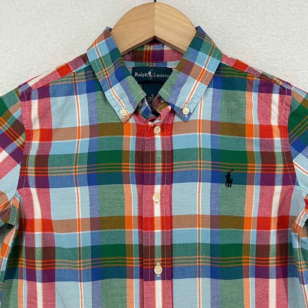 RALPH LAUREN Shirt Youth 6 OCBD Oxford Plaid Button Up Long Sleeve Cotton Green